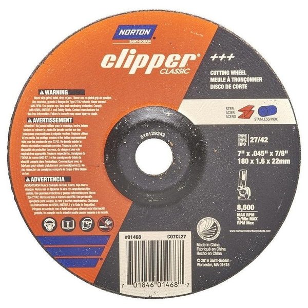 Norton Clipper Clipper Classic A AO Series Cutoff Wheel, 7 in Dia, 116 in Thick, 78 in Arbor 70184601468